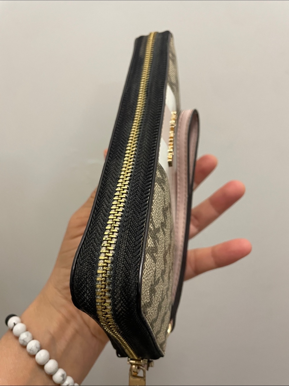 Michael Kors Beige Logo Zip Wallet with Pink & White Center Stripe - Picture 6 of 17